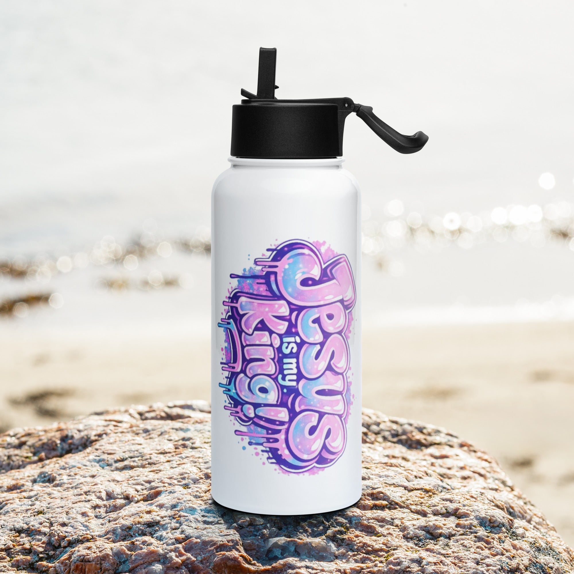 Jesus is my King - Stainless steel water bottle with a straw lid - Christian Apparel by BASR Clothing