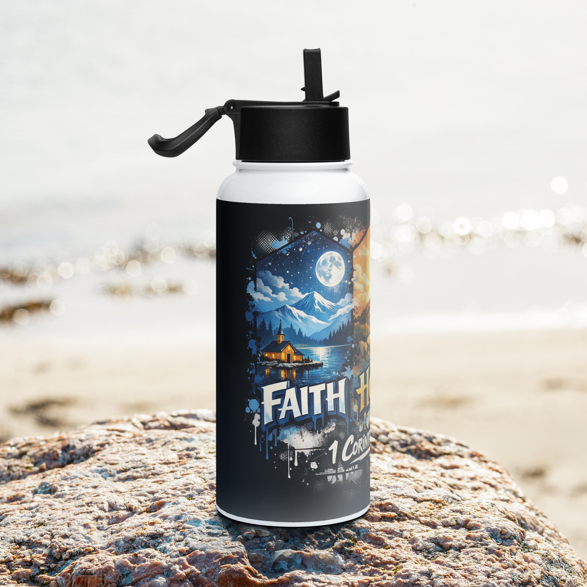Faith Hope and Love - Stainless steel water bottle with a straw lid - Christian Apparel by BASR Clothing