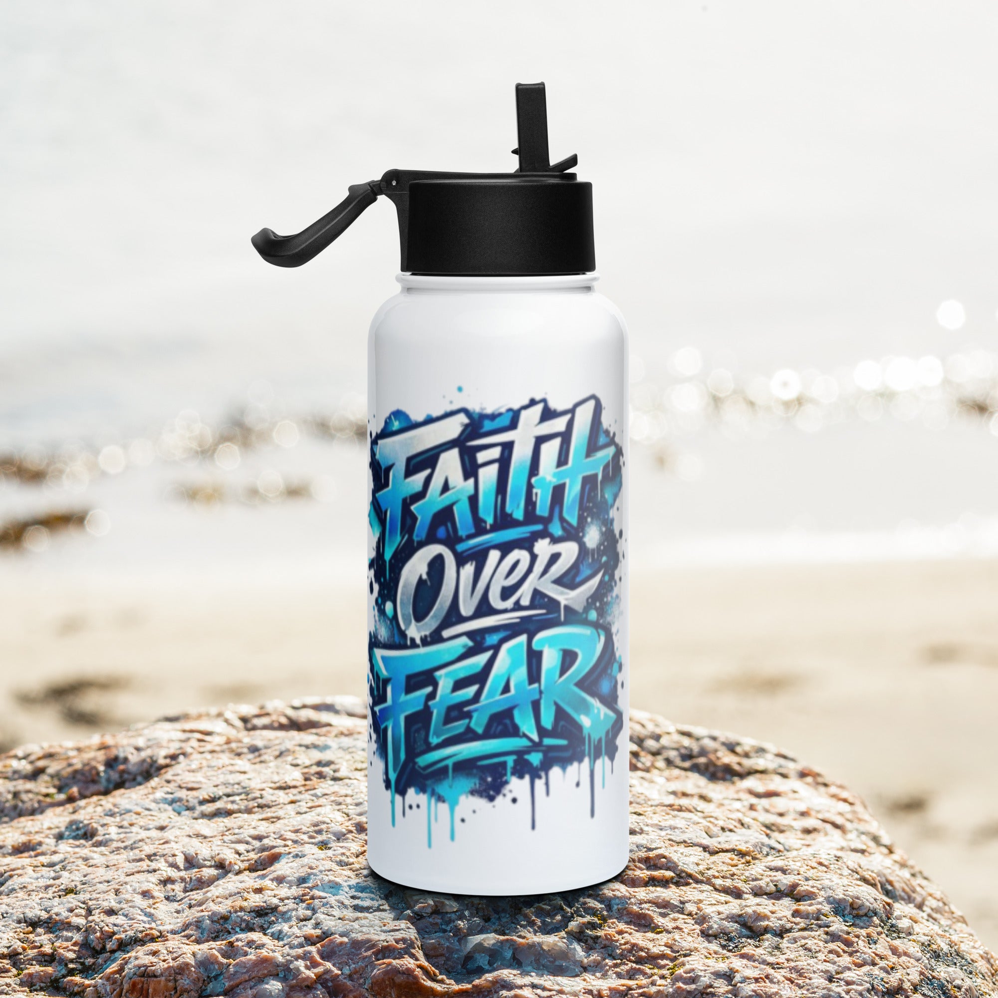 Faith over Fear - Stainless steel water bottle with a straw lid - Christian Apparel by BASR Clothing
