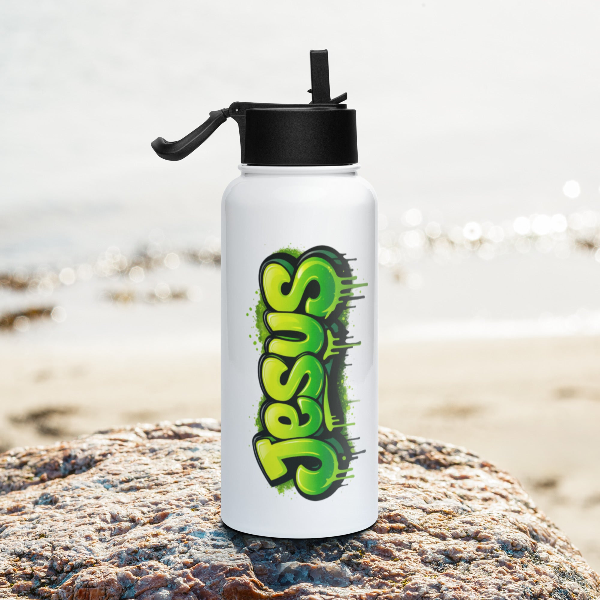 Jesus - Stainless steel water bottle with a straw lid - Christian Apparel by BASR Clothing